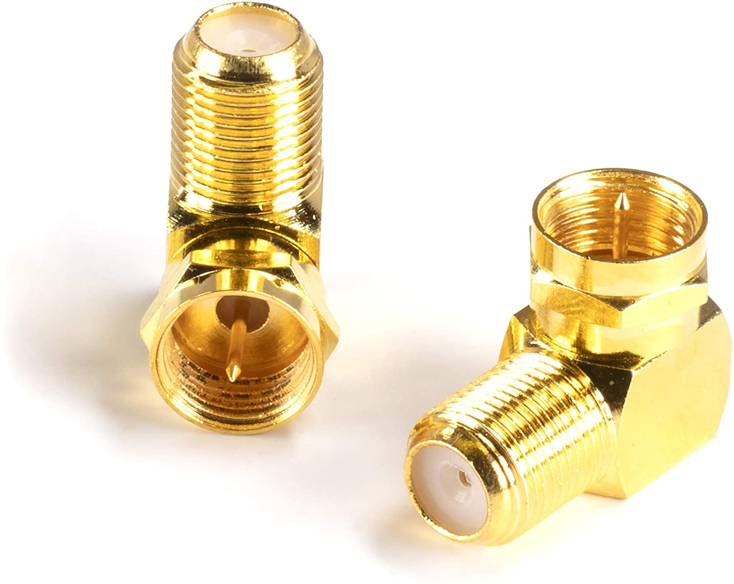 Gold Coaxial Cable Right Angle Connector - 10 Pack - for Tight Corners and Flat Panel TV Mounting - 90 degree F Type Adapter for Coax Cable and Wall Plates