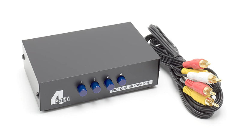 4 Way AV Switch - 4 Input 1 Output RCA Selector Switch for Composite Audio and Video - Switcher Box - Includes RCA Composite Cable (Black)
