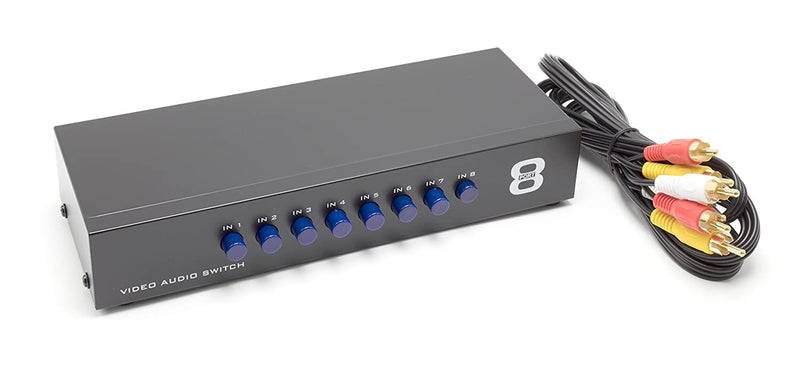 8Way AV Switch - 8 Input 1 Output RCA Selector Switch for Composite Audio and Video - Switcher Box - Includes RCA Composite Cable (Black)