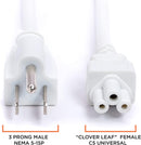AC Power Cord (3 Prong) - White, 10 Feet (3 Meter) - Premium Quality Copper Wire Core - Mouse Style for Laptops, Computers, & Power Supplies - NEMA 5-15P to C5 / IEC 320 - UL Listed