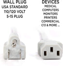 AC Power Cord (3 Prong) - 10 Feet (3 Meter), White - Premium Quality Copper Wire Core - Computer, Medical, Server & Desktop - NEMA 5-15 to C13 / IEC 320 - UL Listed Power Cable