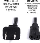 Polarized 2 Prong Power Cord with Copper Wire Core - (Square/Round) for Satellite, CATV, Game Systems, and More - NEMA 1-15P to C7 C8 / IEC320 - UL Listed - Black, 15 Feet (4.5 Meter) Power Cable