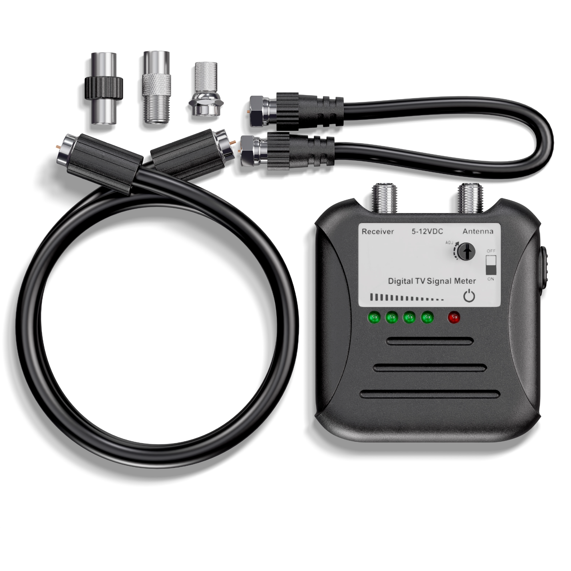 Signal Strength Meter with Adjustable Signal Strength - Digital TV OTA Antenna Finder with LED Indicator Display and Coax Cable