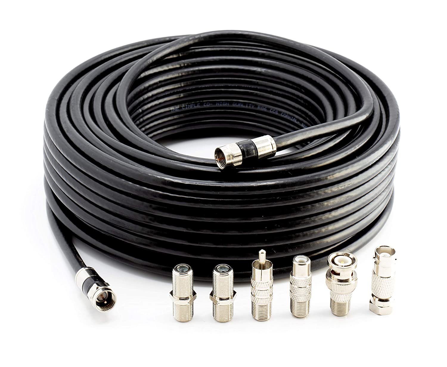 Digital Coaxial Cable Kit with Universal Ends -RG6 Coax Cable and six (6) Piece Adapter Kit includes Male Female RCA BNC F81, and Barrel Connectors - Black, 125 Feet