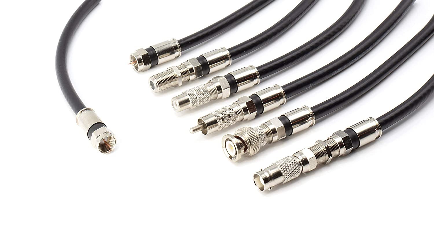 Digital Coaxial Cable Kit with Universal Ends -RG6 Coax Cable and six (6) Piece Adapter Kit includes Male Female RCA BNC F81, and Barrel Connectors - Black, 50 Feet