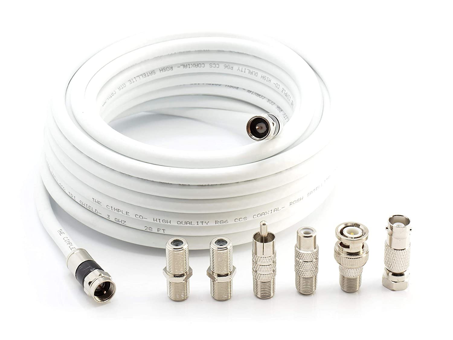 Digital Coaxial Cable Kit with Universal Ends -RG6 Coax Cable and six (6) Piece Adapter Kit includes Male Female RCA BNC F81, and Barrel Connectors - White, 6 Feet