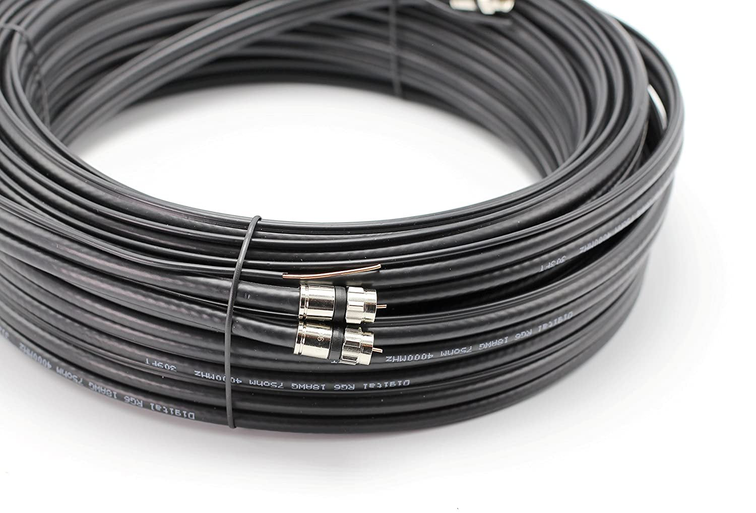 6ft Dual with Ground RG6 Coaxial Twin Coax Cable (Siamese Cable) with 18AWG Copper Ground Wire, Satellite, Antenna & CATV Quality Compression Connectors, Black