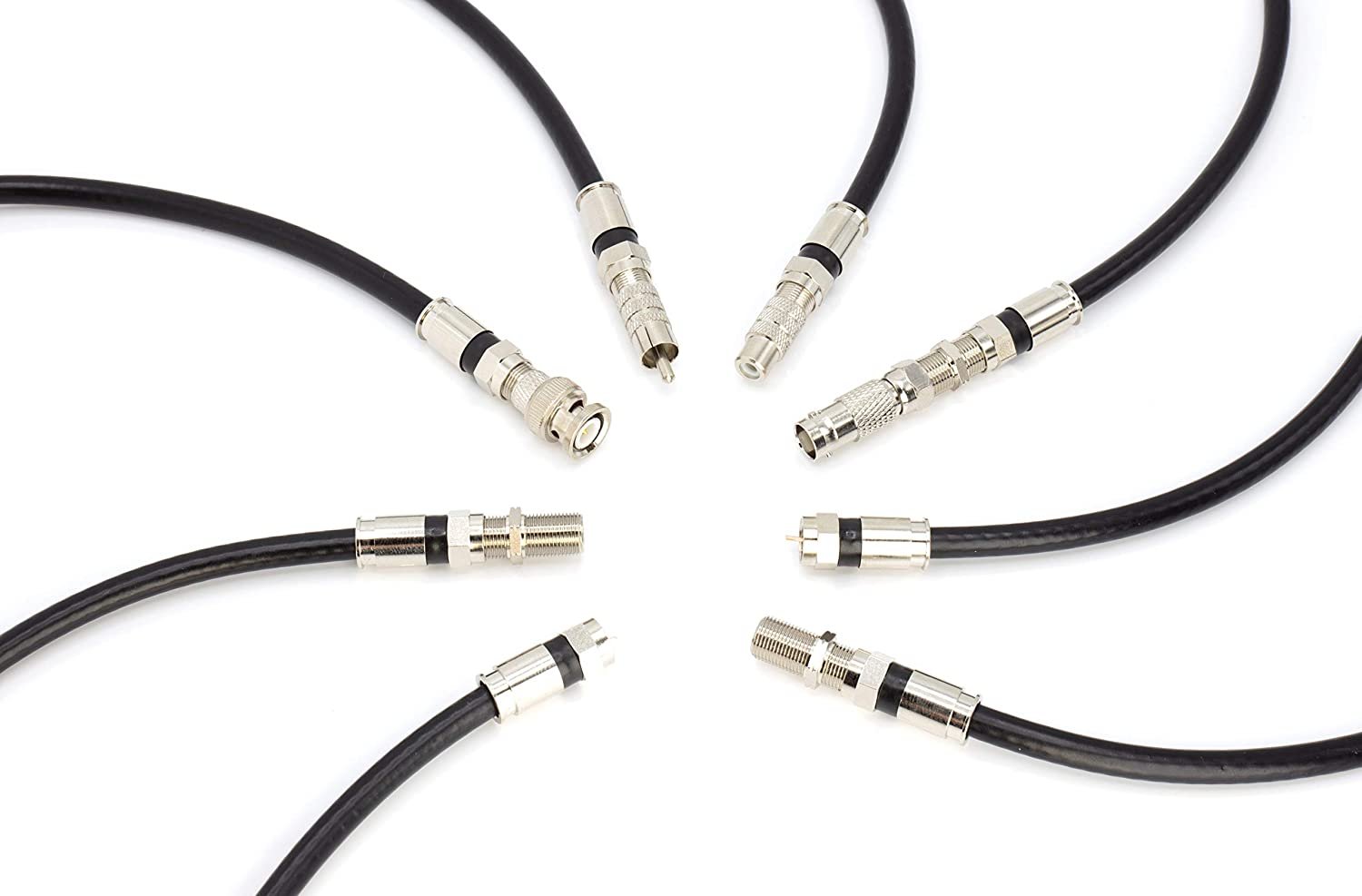 Digital Coaxial Cable Kit with Universal Ends -RG6 Coax Cable and six (6) Piece Adapter Kit includes Male Female RCA BNC F81, and Barrel Connectors - Black, 35 Feet