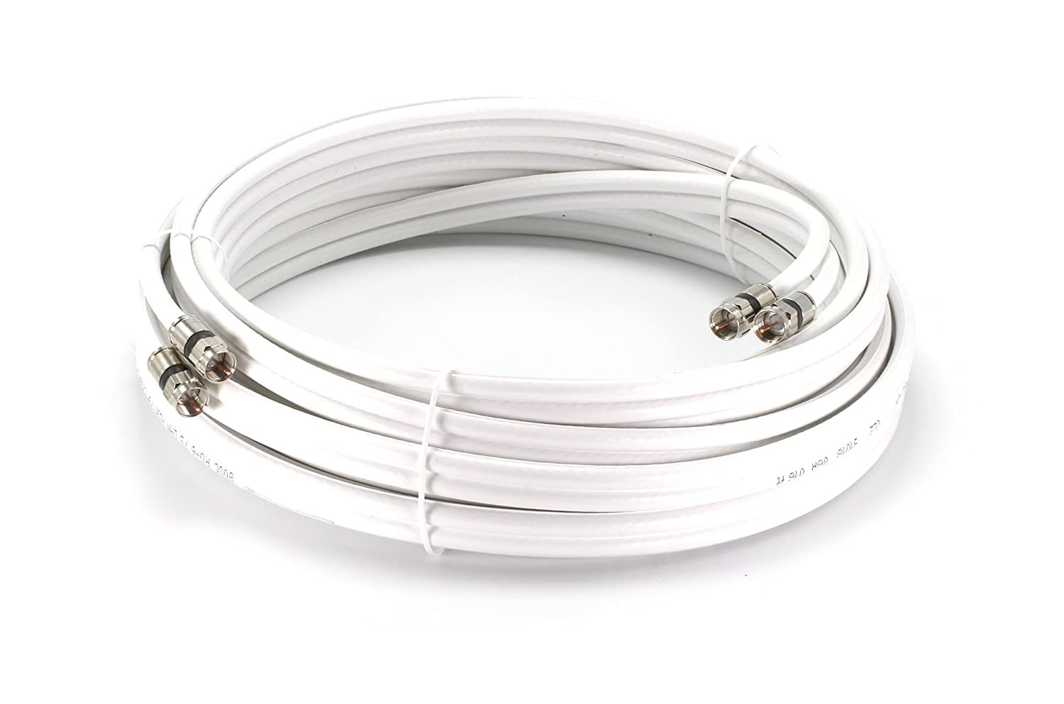 50ft Dual RG6 Coax Twin Coaxial Cable (Siamese Cable) 18AWG Coaxial Cable Satellite, Antenna, & CATV Grade with Weather Proof Compression Connectors, White