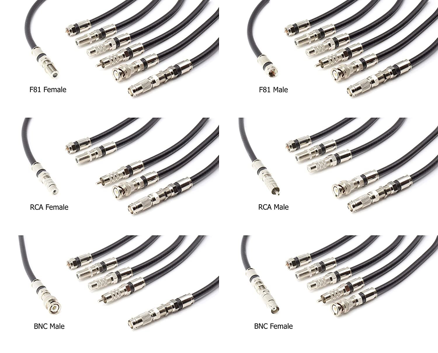 Digital Coaxial Cable Kit with Universal Ends -RG6 Coax Cable and six (6) Piece Adapter Kit includes Male Female RCA BNC F81, and Barrel Connectors - Black, 50 Feet