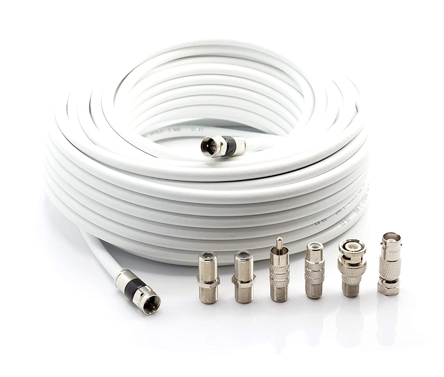 Digital Coaxial Cable Kit with Universal Ends -RG6 Coax Cable and six (6) Piece Adapter Kit includes Male Female RCA BNC F81, and Barrel Connectors - White, 75 Feet