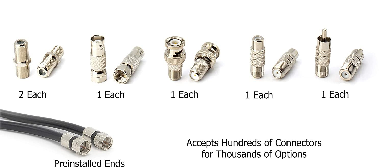 Digital Coaxial Cable Kit with Universal Ends -RG6 Coax Cable and six (6) Piece Adapter Kit includes Male Female RCA BNC F81, and Barrel Connectors - White, 75 Feet