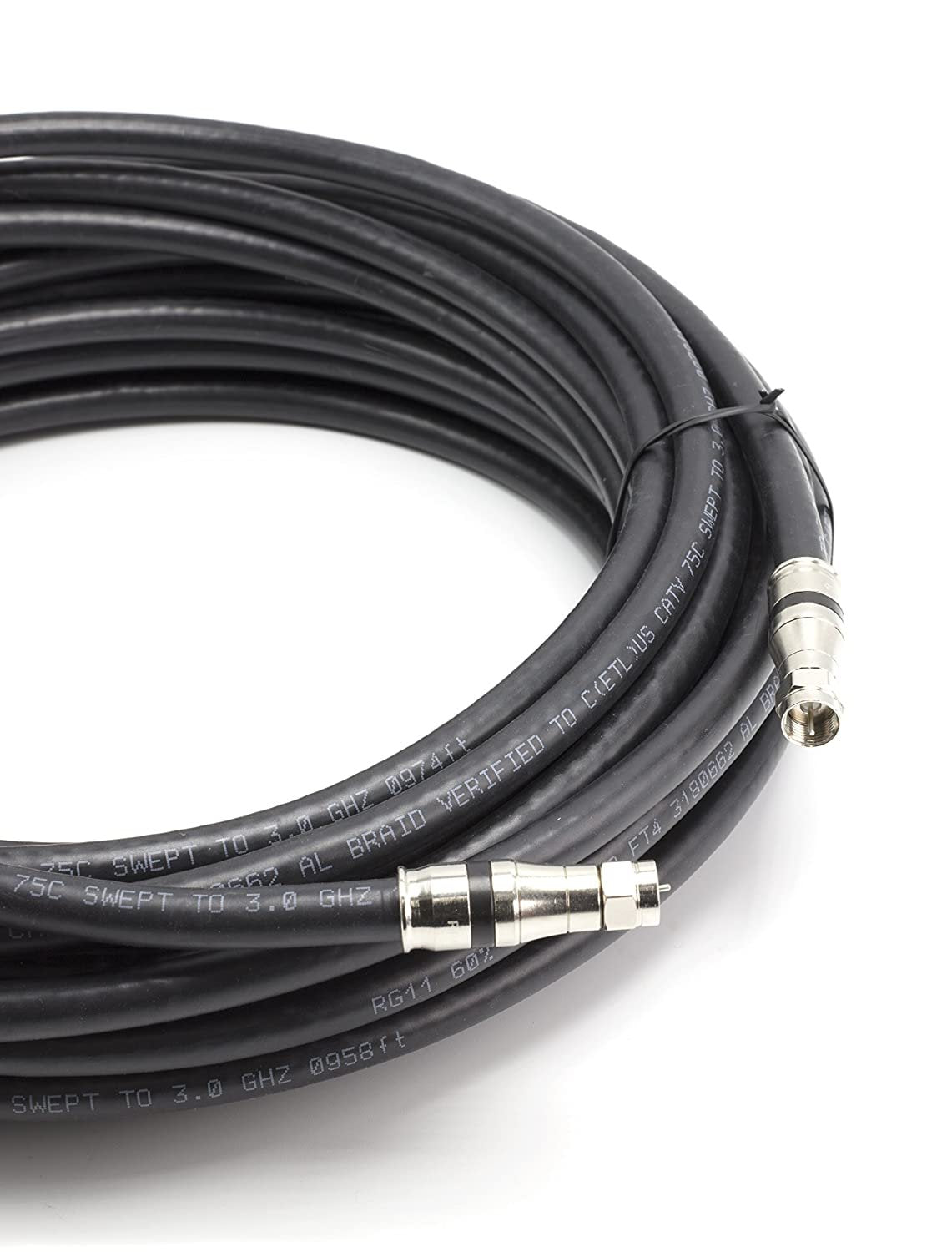 100 Feet - RG-11 Coaxial Cable F Type Cable High Definition with RG11 Coax Compression Connectors - (Black)