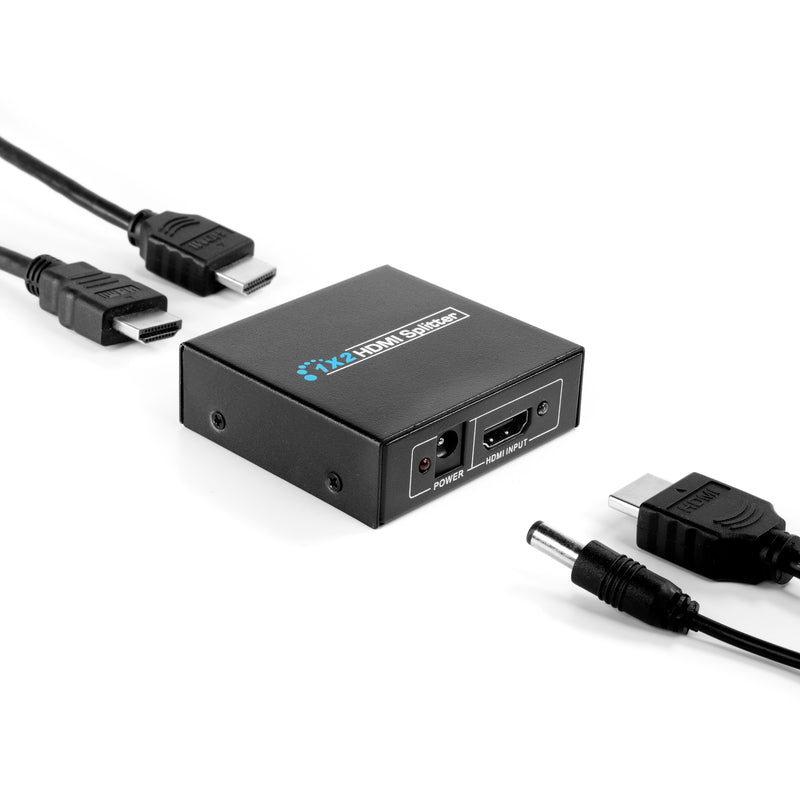 HD 1X2 HDMI Splitter Powered Kit - 2 Port Hub 1 in 2 Out - 2 HDMI Powered Splitter Box - 1080P, 2K, 3D, 4K, UHD, HDCP, YUV, HDR - Dual Monitor - Includes 4K and UHD - and HDMI Cable