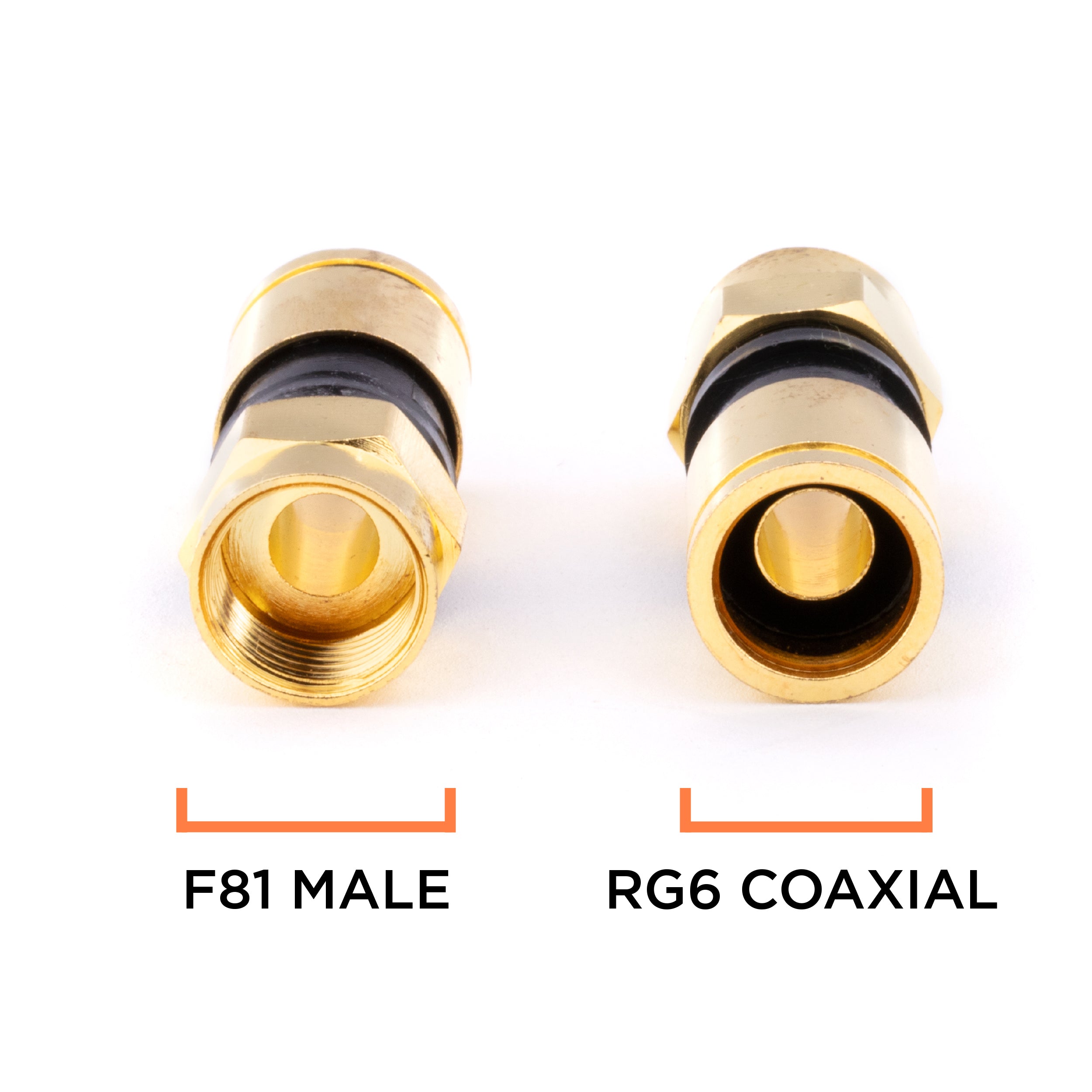 Gold Coaxial Cable Compression Fitting | 50 Pack Connector | for RG6 Coax Cable - with Weather Seal O Ring and Water Tight Grip