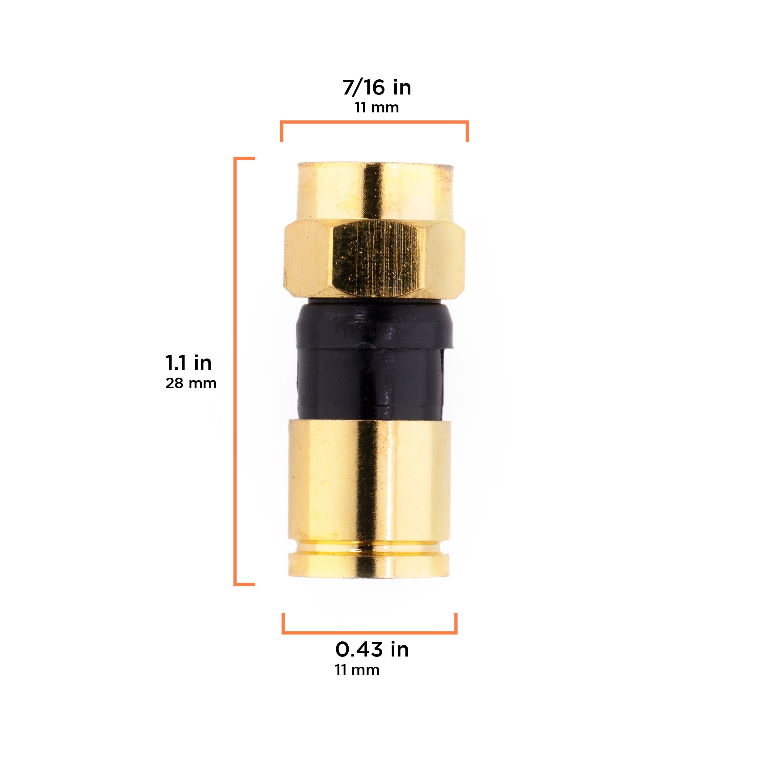 Gold Coaxial Cable Compression Fitting | 100 Pack Connector | for RG6 Coax Cable - with Weather Seal O Ring and Water Tight Grip