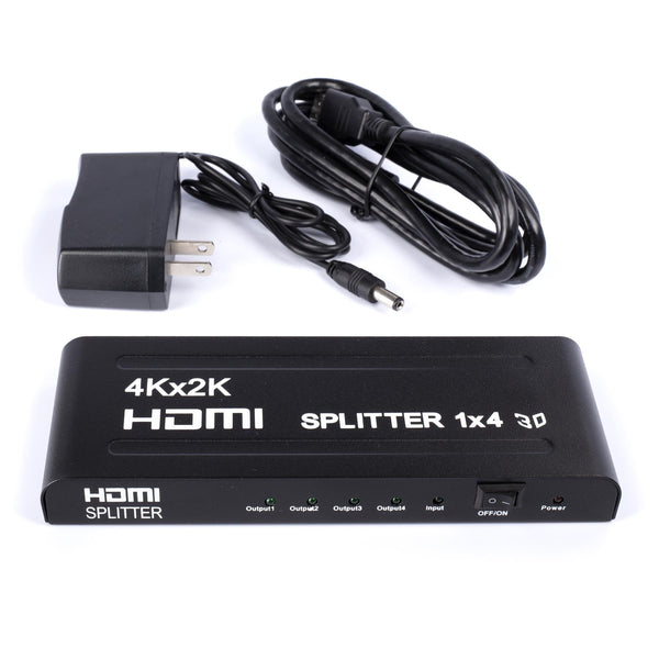 HD 1X4 HDMI Splitter Powered Kit - 4 Port Hub 1 in 4 Out - 4 HDMI Powered Splitter Box - 1080P, 2K, 3D, 4K, UHD, HDCP, YUV, HDR - Quad Monitor - Includes 4K and UHD - and HDMI Cable