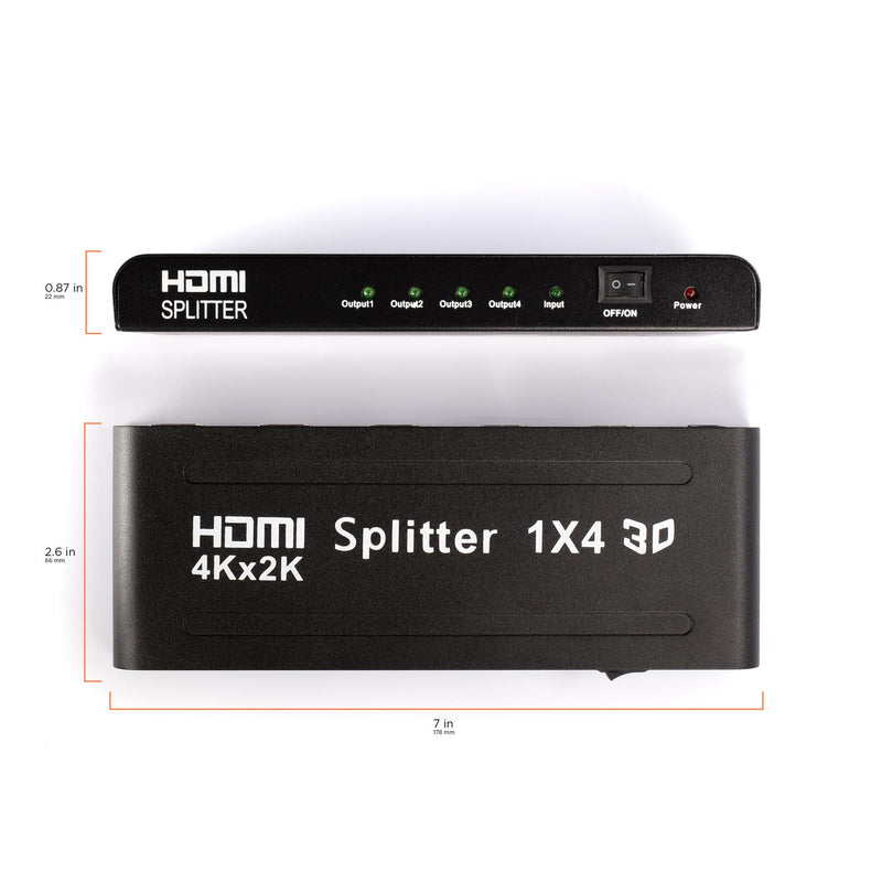 HD 1X4 HDMI Splitter Powered Kit - 4 Port Hub 1 in 4 Out - 4 HDMI Powered Splitter Box - 1080P, 2K, 3D, 4K, UHD, HDCP, YUV, HDR - Quad Monitor - Includes 4K and UHD - and HDMI Cable