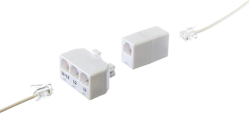 Telephone Splitter 2 Line Adapter - 3-Way Splitter (Line 1, Line 2, and Twin Line) - Dual Line Separator - 4 Conductor Connector (2 Phone Lines) - White, 2 Pack