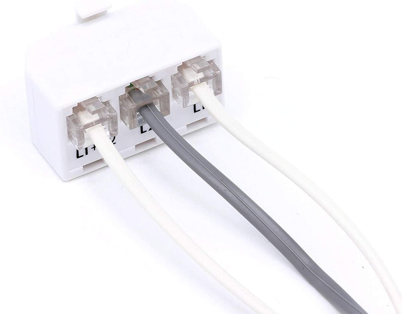 Telephone Splitter 2 Line Adapter - 3-Way Splitter (Line 1, Line 2, and Twin Line) - Dual Line Separator - 4 Conductor Connector (2 Phone Lines) - White, 2 Pack