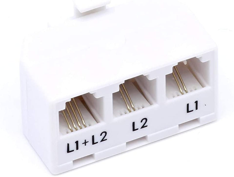 Telephone Splitter 2 Line Adapter - 3-Way Splitter (Line 1, Line 2, and Twin Line) - Dual Line Separator - 4 Conductor Connector (2 Phone Lines) - White, 2 Pack