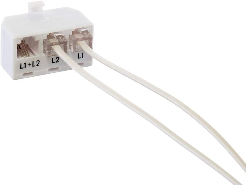 Telephone Splitter 2 Line Adapter - 3-Way Splitter (Line 1, Line 2, and Twin Line) - Dual Line Separator - 4 Conductor Connector (2 Phone Lines) - White, 2 Pack