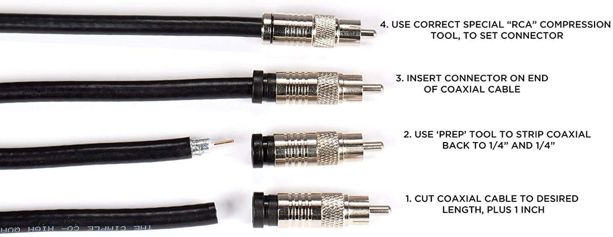 RCA Compression Connectors - 4 Pack - RG-6 Coaxial Cable - Universal Male Connectors for RCA, Subwoofer, Composite, Component and Similar Cables