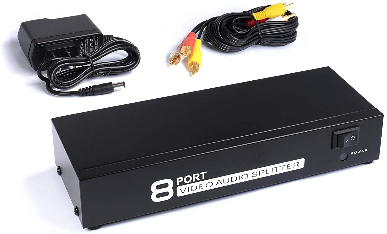 RCA Audio Video Splitter with Composite Cable - 8 Way AV Switch Box for TV, DVR, DVD, VCR, Gaming, Speakers, and More - 1 Input and 8 Output