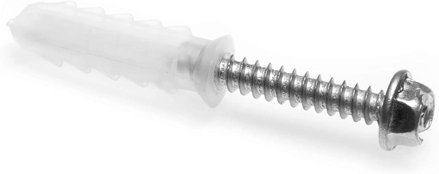 Ribbed Plastic Conical Anchors and Screws - For Concrete, Stucco, Brick, Drywall, and Similar - Kit of 50 Screws, and 50 Anchors
