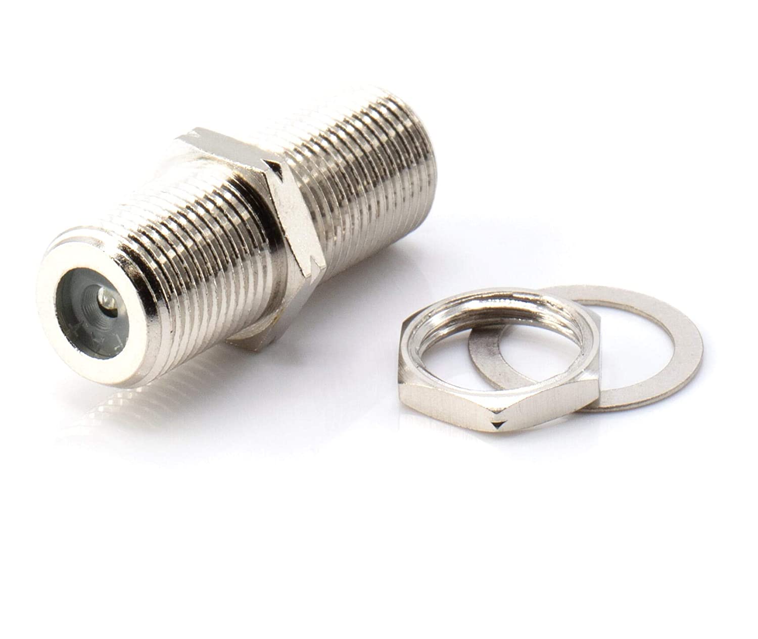 Cable Extension Coupler, with Washer and Nut - 100 Pack - Works with Wall plates - Connects Two Coaxial Video Cables, for Coax F81 (female to female) High Quality 3GHz Satellite, CATV