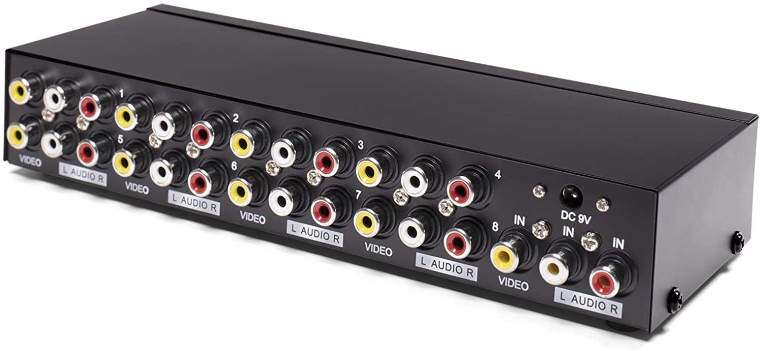 RCA Audio Video Splitter with Composite Cable - 8 Way AV Switch Box for TV, DVR, DVD, VCR, Gaming, Speakers, and More - 1 Input and 8 Output