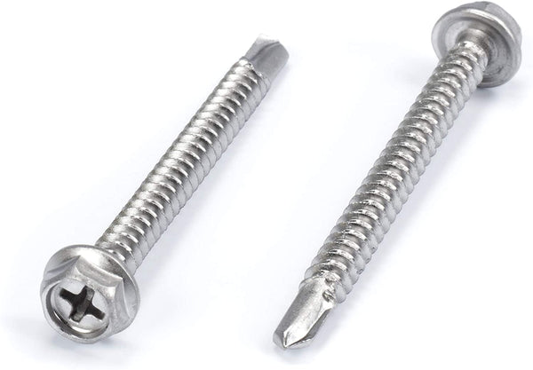 #10 Size, 2" Length (51mm) - Self Tapping Screw -- Self Drilling Screw - 410 Stainless Steel Screws = Exceptional Wear and Very Corrosion Resistant) - Hex and Phillips Head - 100pcs