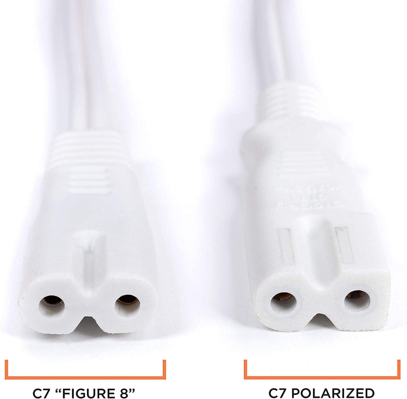2 Slot Power Cord Two Pack - Includes Both Types: Polarized (Squared End) and Non-Polarized (Figure 8 End) - NEMA 1-15P to C7 C8 UL Listed - 18 AWG, 10 Amps, 125 Volts - 10 Feet (3 Meter), White