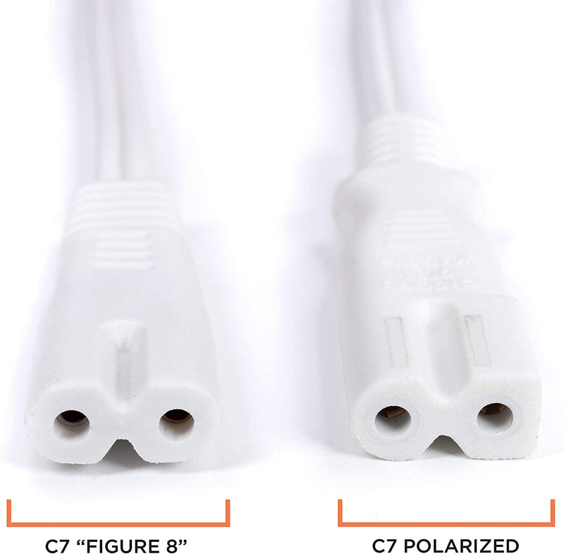 2 Slot Power Cord Two Pack - Includes Both Types: Polarized (Squared End) and Non-Polarized (Figure 8 End) - NEMA 1-15P to C7 C8 UL Listed - 18 AWG, 10 Amps, 125 Volts - 6 Feet (1.8 Meter), White