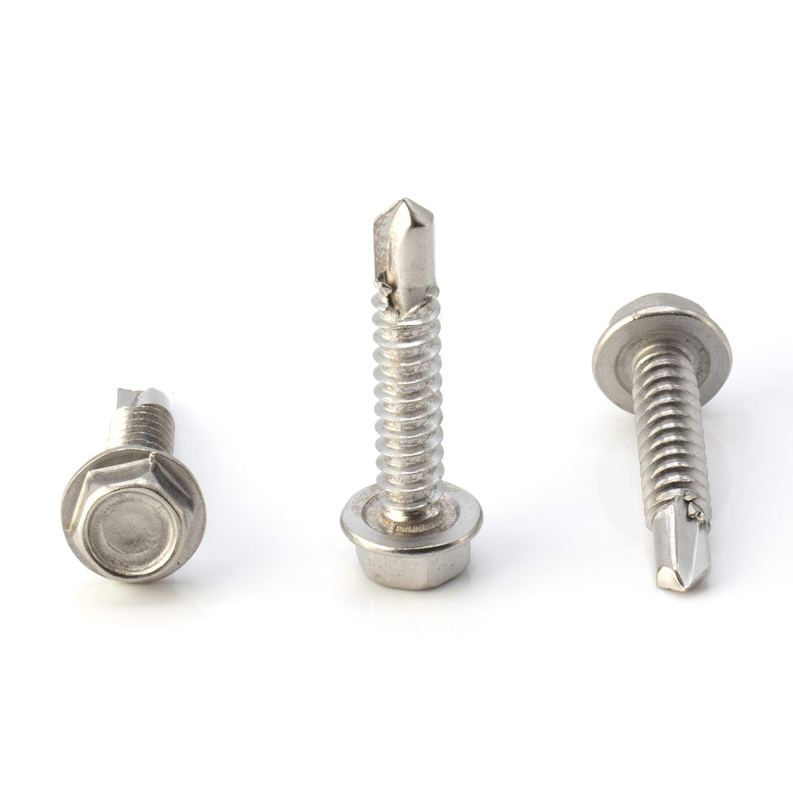 #14 Size, 1 1/4" Length (32mm) - Self Tapping Screw - Self Drilling Screw - 410 Stainless Steel Screws = Exceptional Wear and Very Corrosion Resistant) - Hex Washer Head - 100pcs