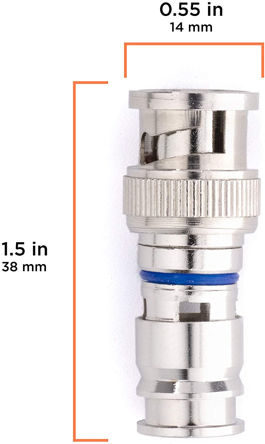 BNC Compression Connector for RG59 Coaxial Cable - Solid Construction with High Grade Metals - Male BNC Connectors for CCTV, SDI, HD-SDI, Siamese, Security Camera - Pack of 100