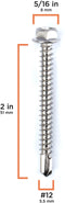 #12 Size, 2" Length (51mm) - Self Tapping Screw -- Self Drilling Screw - 410 Stainless Steel Screws = Exceptional Wear and Very Corrosion Resistant) - Hex and Phillips Head - 100pcs