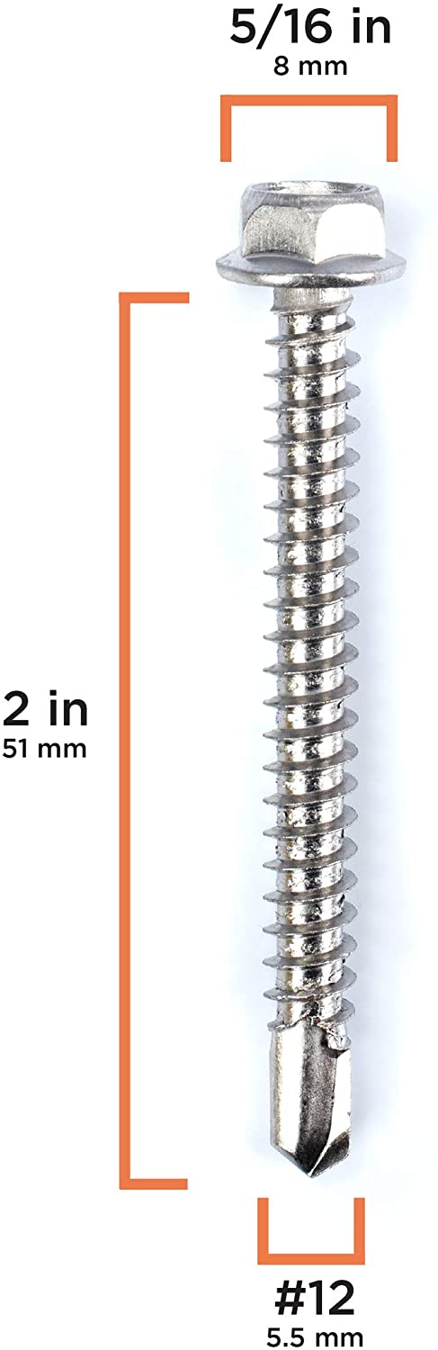 #12 Size, 2" Length (51mm) - Self Tapping Screw -- Self Drilling Screw - 410 Stainless Steel Screws = Exceptional Wear and Very Corrosion Resistant) - Hex and Phillips Head - 100pcs