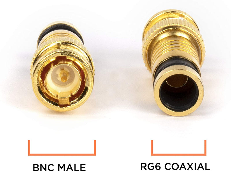 Gold BNC Compression Connector for RG6 Coaxial Cable - Pack of 10 - Solid Construction with High Grade Metals - Male BNC Connectors for CCTV, SDI, HD-SDI, Siamese, Security Camera