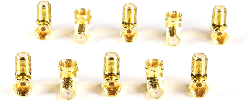 Gold Coaxial Cable Right Angle Connector - 10 Pack - for Tight Corners and Flat Panel TV Mounting - 90 degree F Type Adapter for Coax Cable and Wall Plates