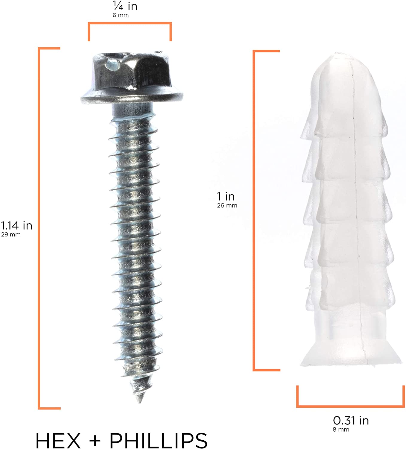 Ribbed Plastic Conical Anchors and Screws - For Concrete, Stucco, Brick, Drywall, and Similar - Kit of 10 Screws, and 10 Anchors