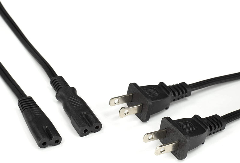 2 Slot Power Cord Two Pack - Includes Both Types: Polarized (Squared End) and Non-Polarized (Figure 8 End) - NEMA 1-15P to C7 C8 UL Listed - 18 AWG, 10 Amps, 125 Volts - 6 Feet (1.8 Meter), Black
