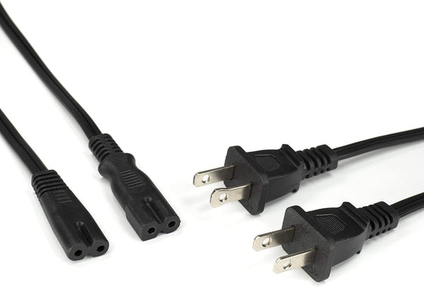2 Slot Power Cord Two Pack - Includes Both Types: Polarized (Squared End) and Non-Polarized (Figure 8 End) - NEMA 1-15P to C7 C8 UL Listed - 18 AWG, 10 Amps, 125 Volts - 10 Feet (3 Meter), Black