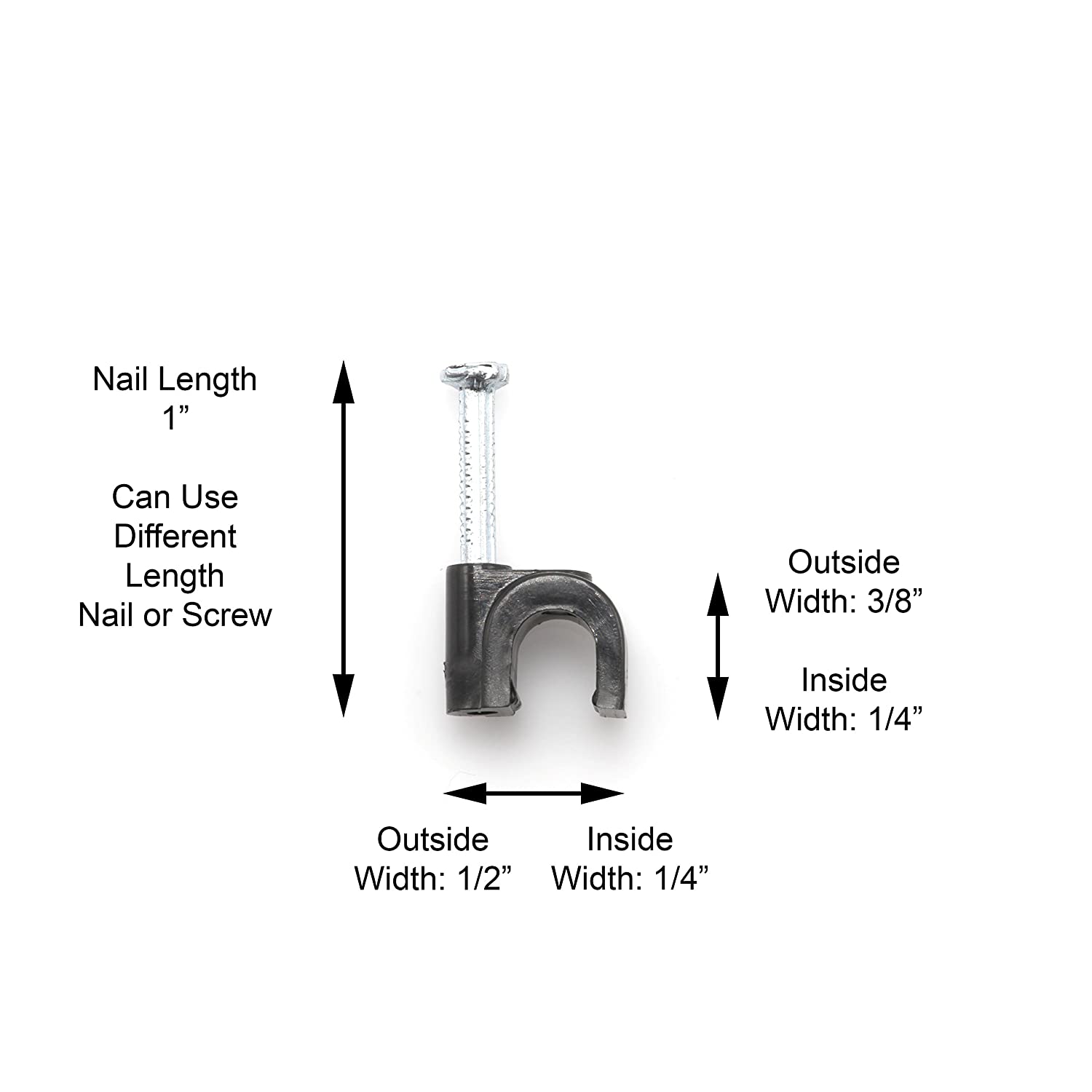THE CIMPLE CO - Single Coaxial Cable Clips, Cat6, Electrical Wire Cable Clip, 1/4 in (6 mm) Nail Clip and Fastener, Black (10 pieces per bag)