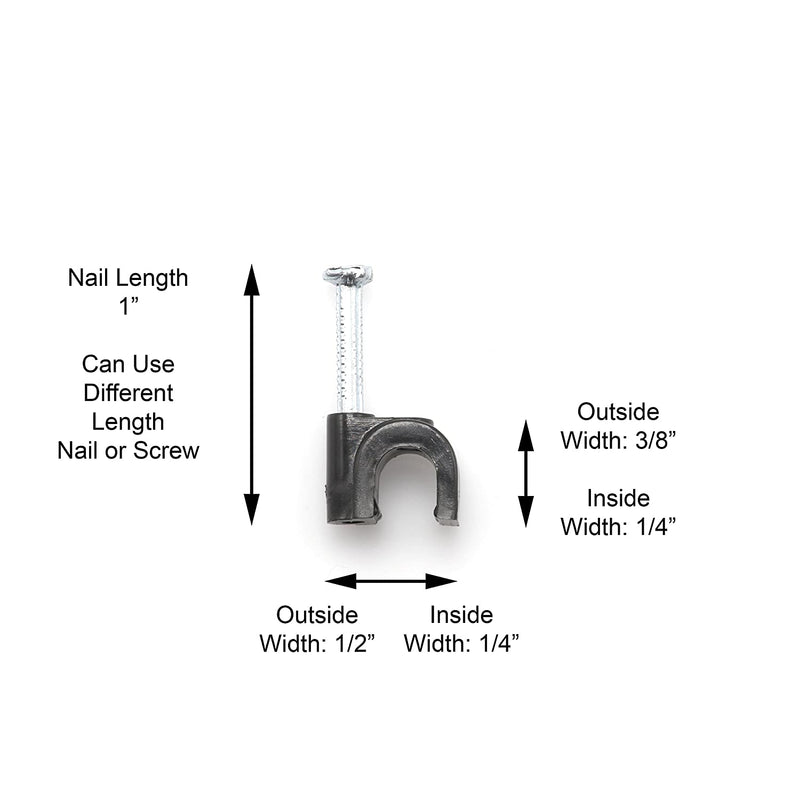 THE CIMPLE CO - Single Coaxial Cable Clips, Cat6, Electrical Wire Cable Clip, 1/4 in (6 mm) Nail Clip and Fastener, Black (10 pieces per bag)