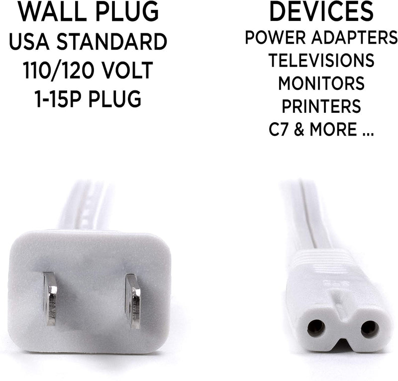 Figure 8 Power Cord (2 Prong) with Copper Wire Core - Non Polarized for Satellite, CATV, Game Systems, and More - NEMA 1-15P to C7 C8 / IEC 320 - UL Listed - White, 25 Feet (7.5 Meter) Power Cable