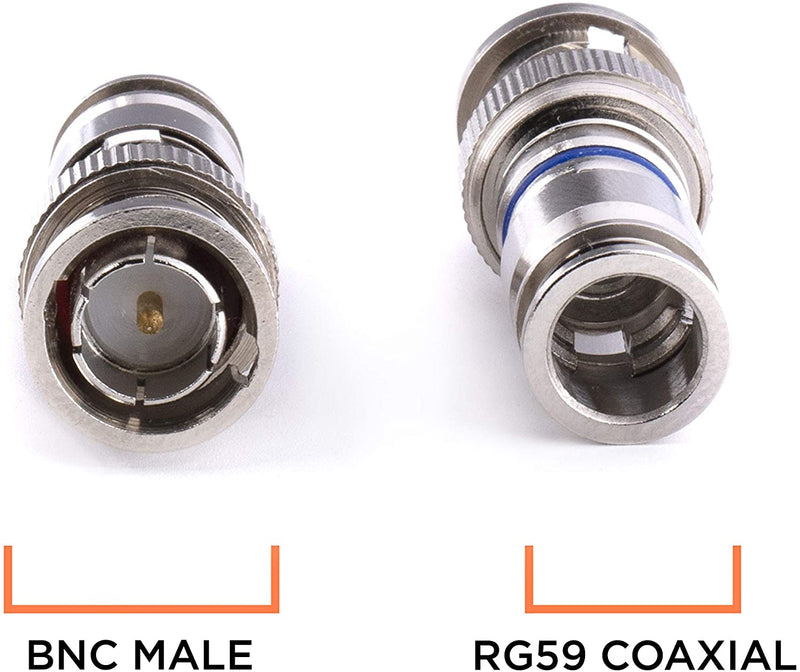 BNC Compression Connector for RG59 Coaxial Cable - Solid Construction with High Grade Metals - Male BNC Connectors for CCTV, SDI, HD-SDI, Siamese, Security Camera - Pack of 100