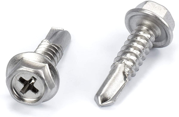 #14 Size, 1" Length (25mm) - Self Tapping Screw -- Self Drilling Screw - 410 Stainless Steel Screws = Exceptional Wear and Very Corrosion Resistant) - Hex and Phillips Head - 100pcs