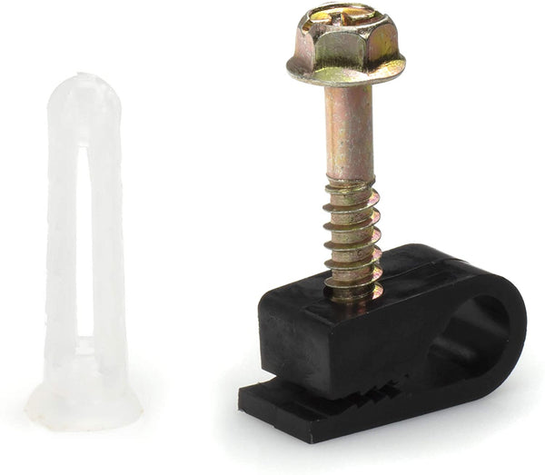 Ribbed Plastic Conical Anchors and Black Cable Screw Clips - For Concrete, Stucco, Brick, Drywall, and Similar - Kit of 100 Screw Clips, and 100 Anchors