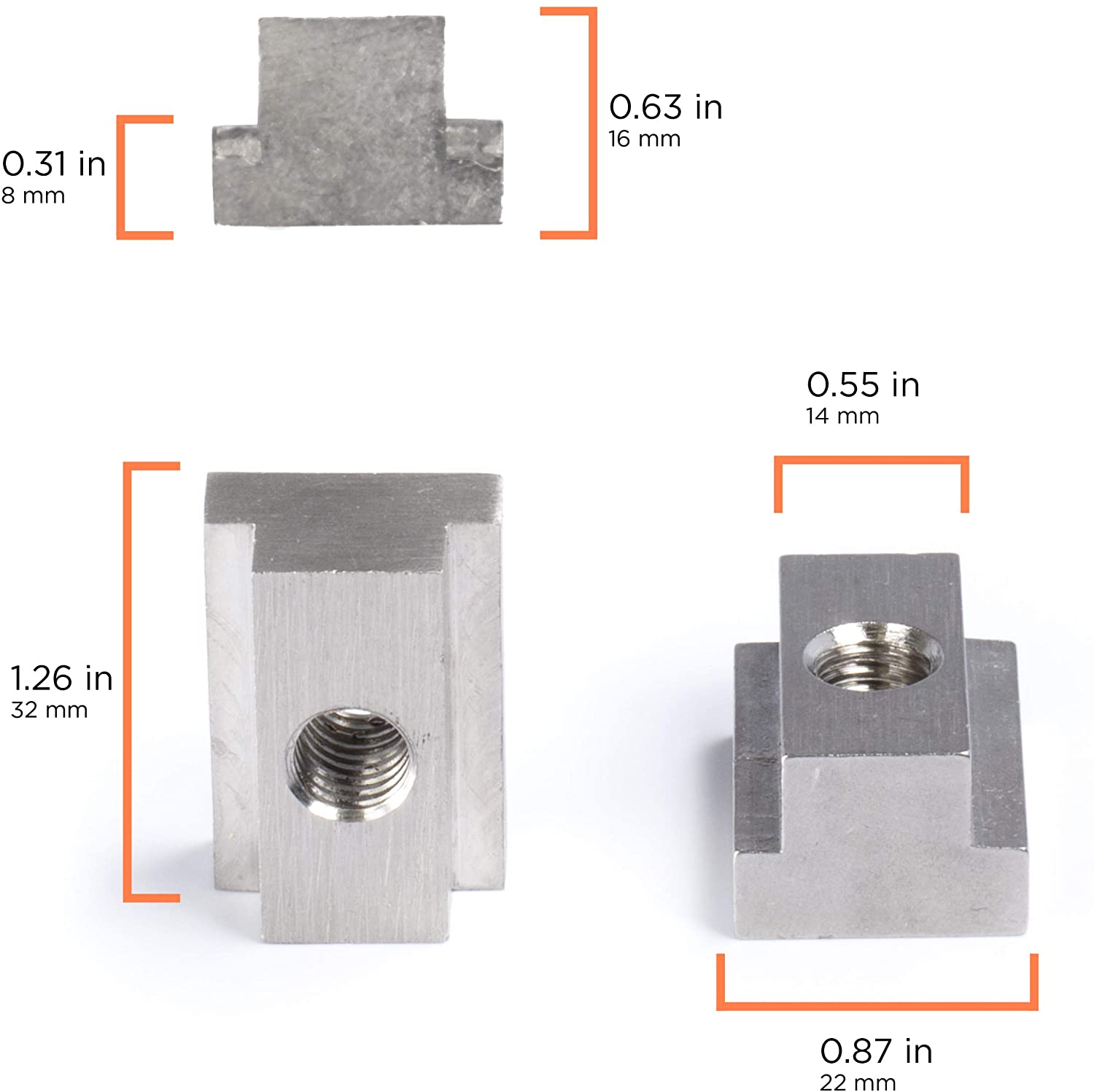 Bed Rail T Slot Nuts works with Toyota Tacoma and Tundra | Stainless Steel 304 Silver, 4 Pack | Tapped with 3/8"-16 Thread